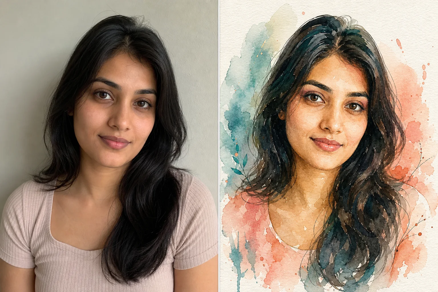 Before and after example for Watercolor portrait